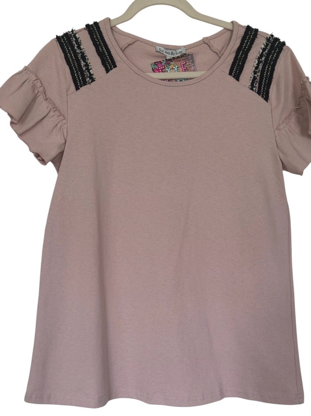 SEE AND BE SEEN Blush Shoulder Trim Black Gold Detail Ruffle Cotton Top SM NEW